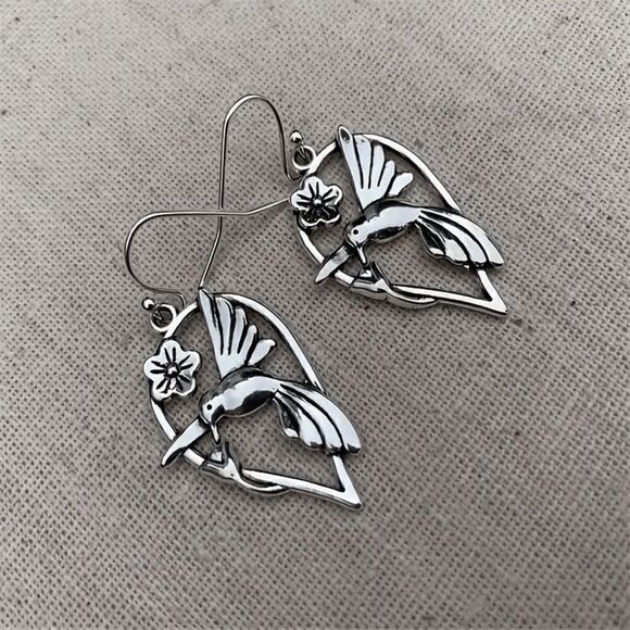 Bohemian Flower Bird Dangle Hook Silver Earrings - Picture 3 of 5